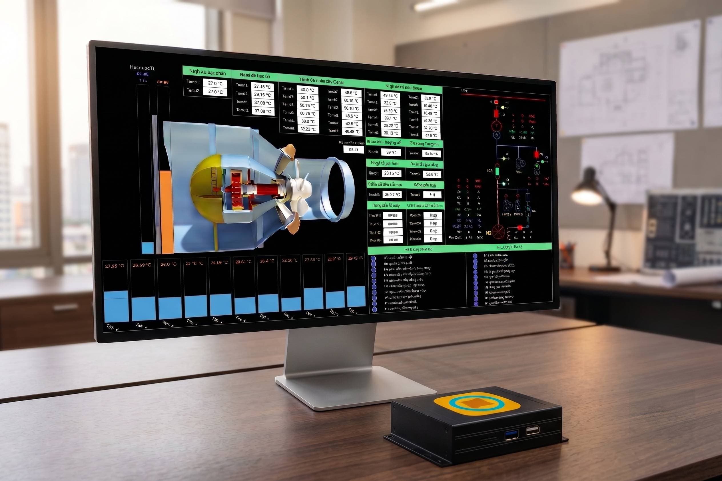 Industrial SCADA monitoring screen next to an iNut Datalogger gateway