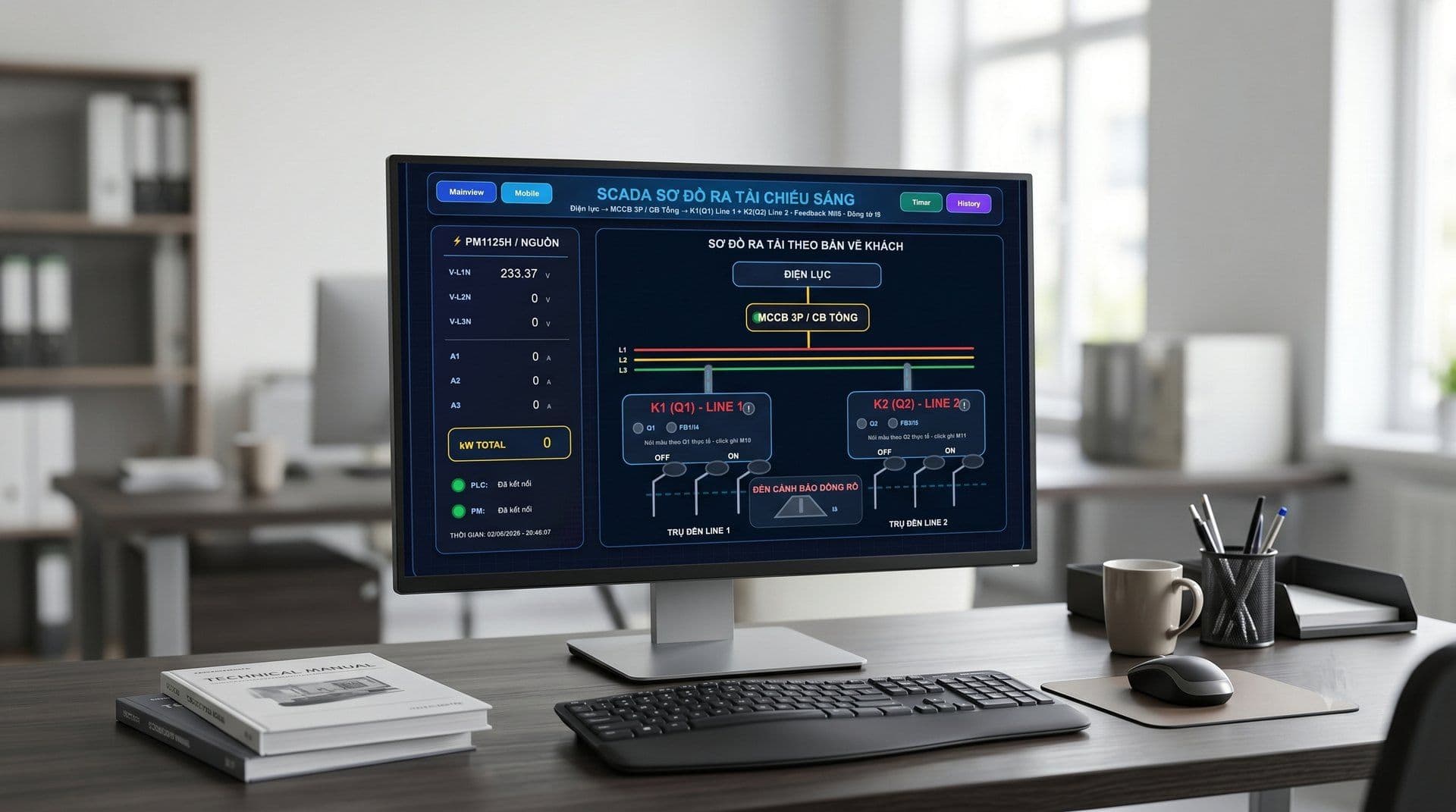 Sơ đồ SCADA chiếu sáng và cảnh báo dòng rò trên FUXA PRO